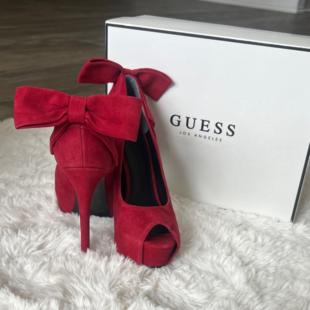 Guess Bold Red Heels with Bow Accent